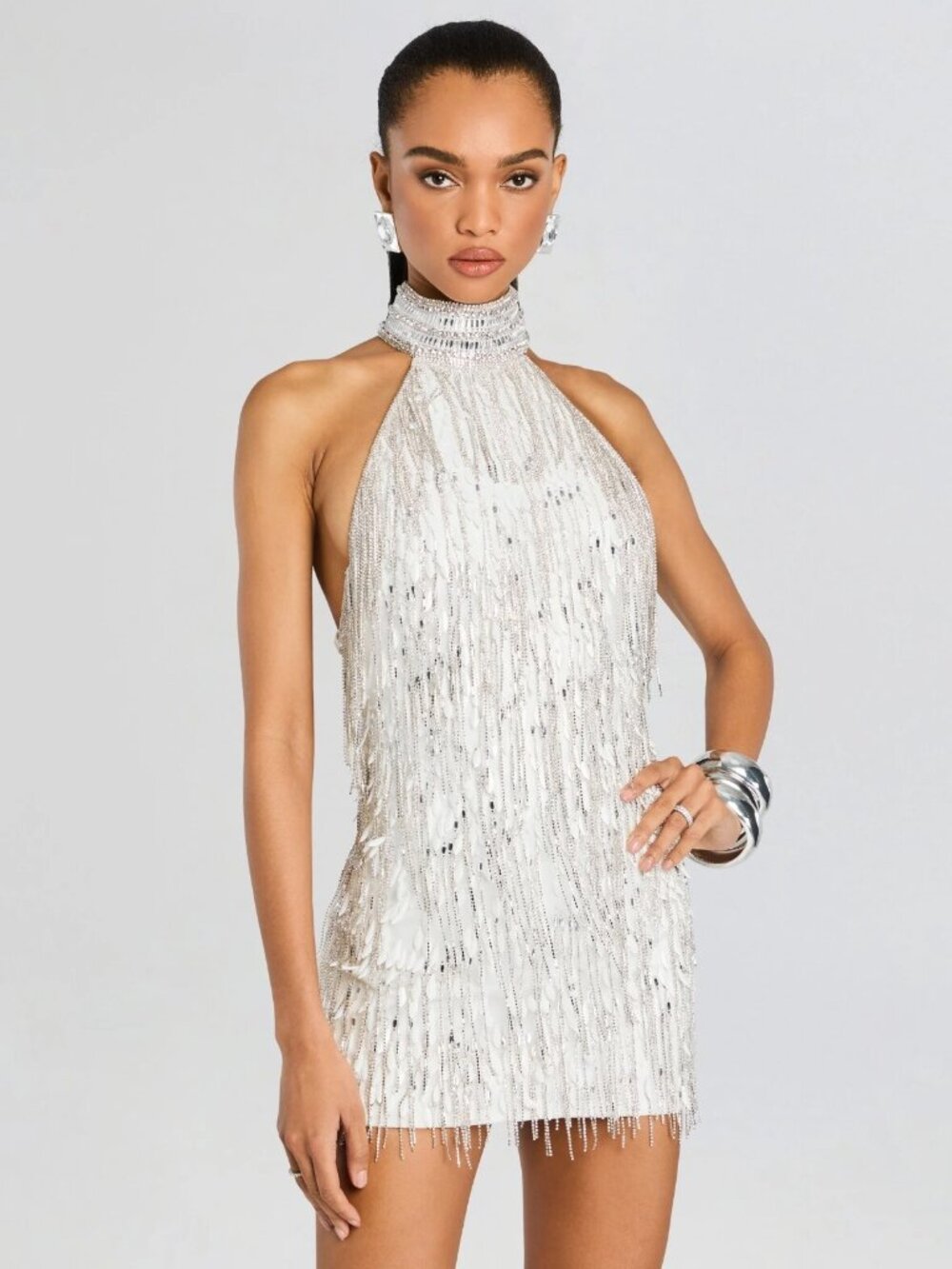 Retrofête Tori White Embellished Fringe Halter Mini Dress Size S